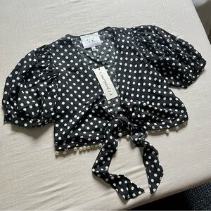 NWT COURTYARD LA black polka dot cropped puff short sleeve tie front blouse